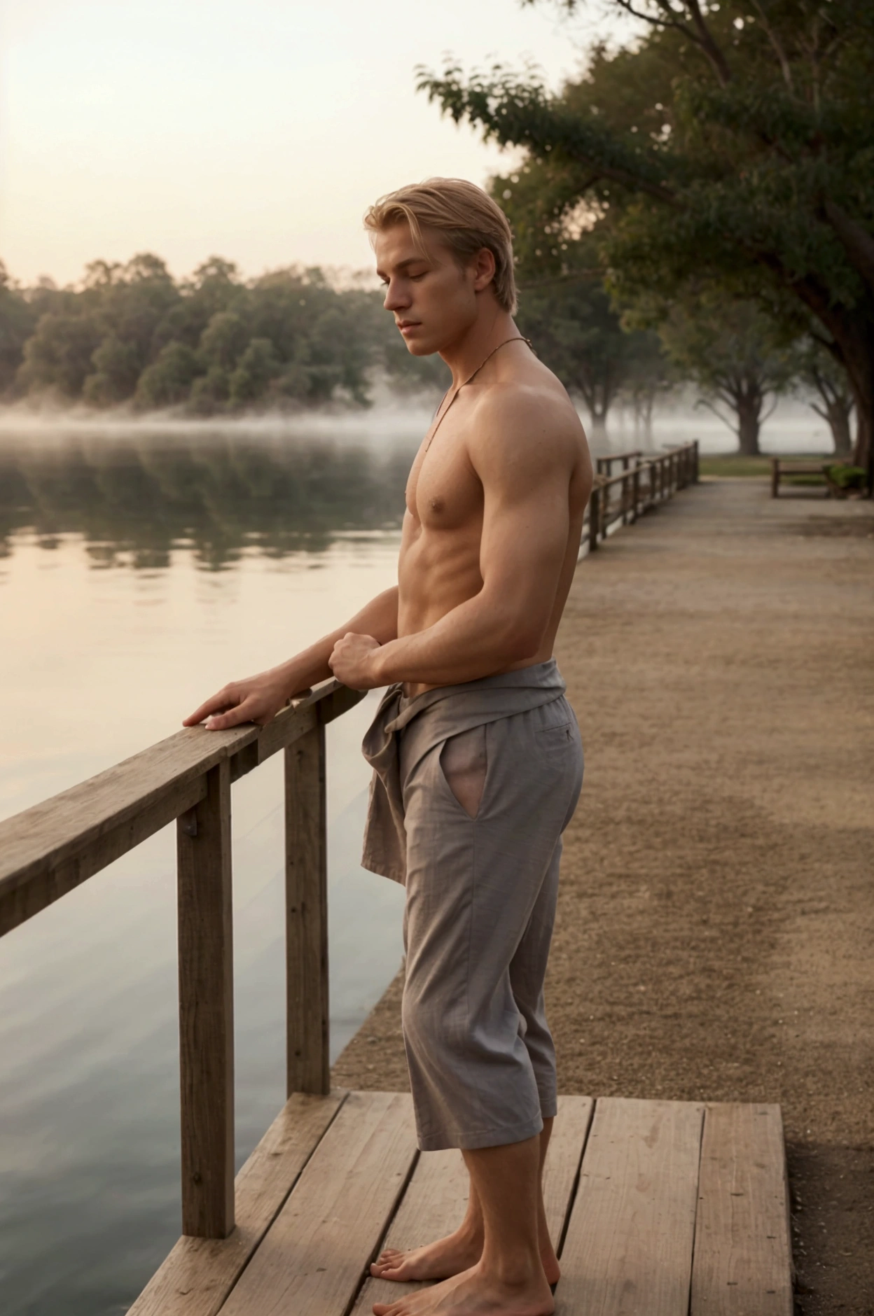 Description: The scene portrays a moment of serene contemplation, featuring a blonde male model with striking blue eyes that enhance his tranquil, yet magnetic presence. His athletic, toned physique is highlighted as he is shirtless, with the golden glow of early morning sunlight accentuating his sun-kissed skin. He wears relaxed, light gray linen pants rolled up at the ankles, barefoot, with a simple leather necklace hanging loosely around his neck, exuding a sense of peaceful elegance and simplicity.

Situation: In this serene and misty dawn scene, the model stands on a wooden pier extending out over a calm, mist-covered lake. The water is smooth as glass, reflecting the soft pastel colors of the rising sun—hues of pale pinks, soft oranges, and gentle purples blend seamlessly into the sky above. A thin layer of mist clings to the surface of the lake, creating an ethereal atmosphere that feels almost otherworldly.

The model’s stance is relaxed and introspective, with both feet firmly planted on the weathered wood of the pier. His posture is slightly leaning forward, as he gazes out over the tranquil waters, his expression one of quiet reflection and inner peace. His hands rest gently on the railing of the pier, feeling the coolness of the morning air and the smoothness of the aged wood beneath his fingers.

The gentle morning breeze stirs his blonde hair and causes the mist to swirl softly around him, adding a sense of movement and life to the scene. The interplay of the early light, the mist, and the stillness of the water enhances the model’s calm demeanor and the peaceful, almost meditative quality of the moment. The combination of the model’s serene presence, the misty lakeside setting, and the soft, delicate colors of dawn captures the essence of a quiet morning escape—where nature’s calm meets effortless grace.

Keywords: dawn, lake, mist, serene, shirtless, linen pants, barefoot, model, nature, reflection, tranquility, calm, outdoors, peaceful, elegance, ea