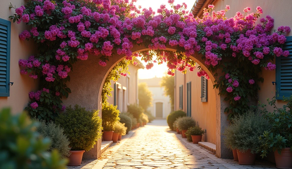 A Bougainvillea arch adorning the entrance to an alley in Provence. sun in the background. Sunbeams penetrating through the gaps in the bougainvillea. David Hamilton Style.