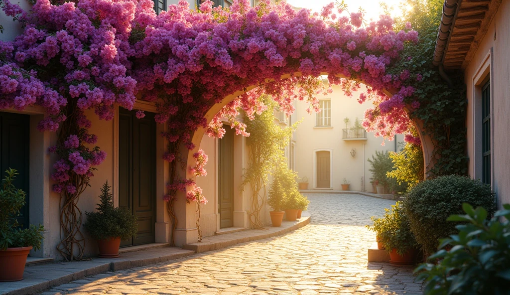 A Bougainvillea arch adorning the entrance to an alley in Provence. sun in the background. Sunbeams penetrating through the gaps in the bougainvillea. David Hamilton Style.