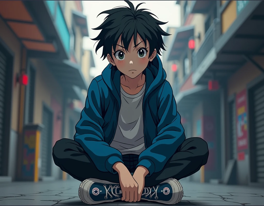a with white skin, intense dark brown eyes, dark brown, wavy and slightly messy hair who wears a blue jacket, and navy blue Converse All-Star on Hunter x Hunter