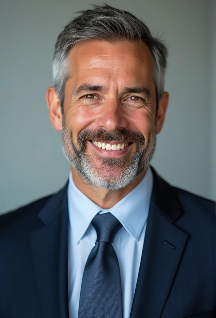 realistic portrait of middle-aged business proffesional, 110 pounds weight, proffesionally dressed in a suit and tie, high qualiy, higher resolution, looking directly at the camera, proffesional, beautiful, slightly brownish, detailed eyes, beautiful detailed lips, short beard, short gray hair, gentle expression, warm smile, distinctive appearance, adequate lighting, plain  background, middle of screen, ultra-detailed texture,work of art:1.2