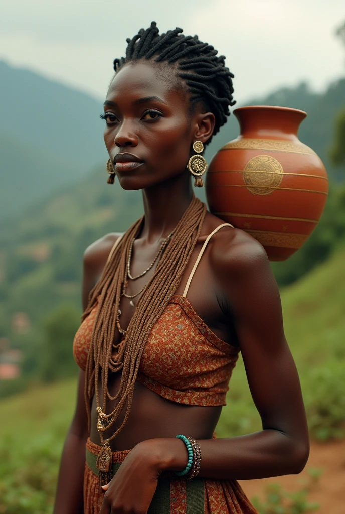 beautiful ethiopian women carrying pot on her back