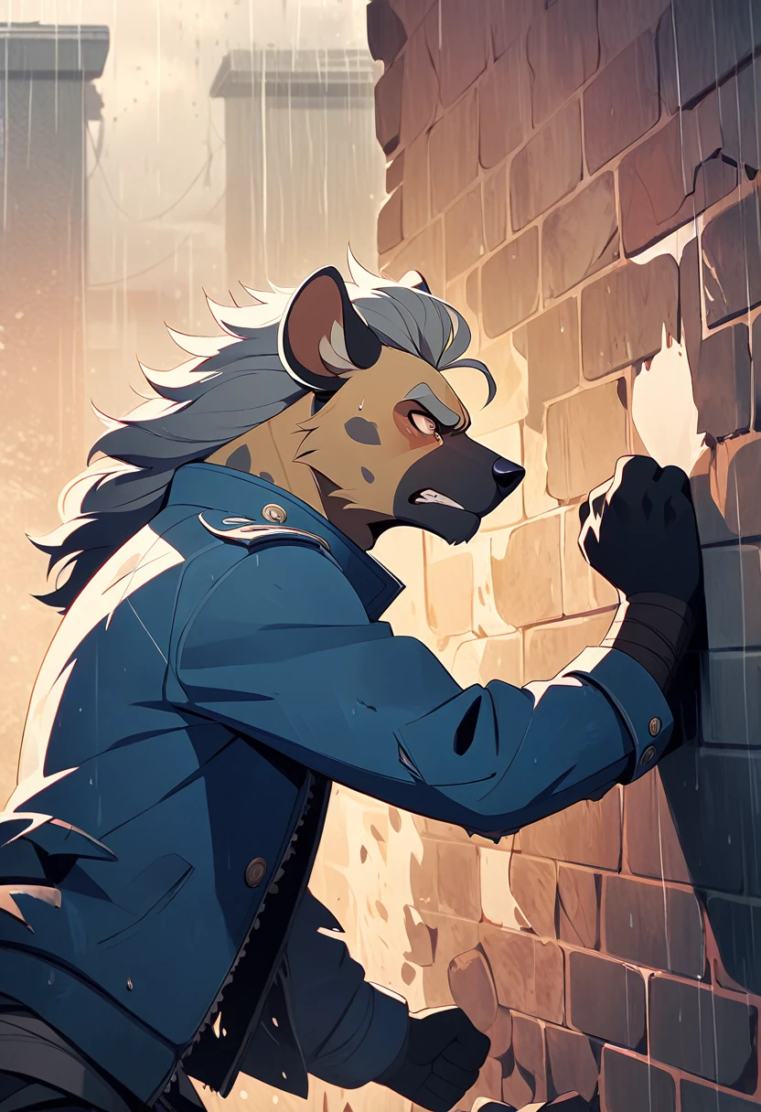adult, feLinea, mammal, Whole body, antropomorphic, hyena, Stains, for the corto,a Stains_feLinea, for the, male, light_sombria y gray, gray_hair, serious, gray con Stains gray oscuro, dark blue jacket, pants, SERIOUS LOOK, hitting a wall without mercy, destroyed wall, fists bleeding from hitting the wall, Rainy day, Lost look en la furia, His hands have open wounds from hitting the wall too much, eyes with tears, casual clothes, bandages on hands like a boxer, Lost look, he&#39;s euphoric with the fury