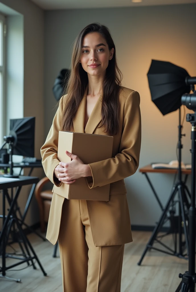 A beautiful female messenger in the studio