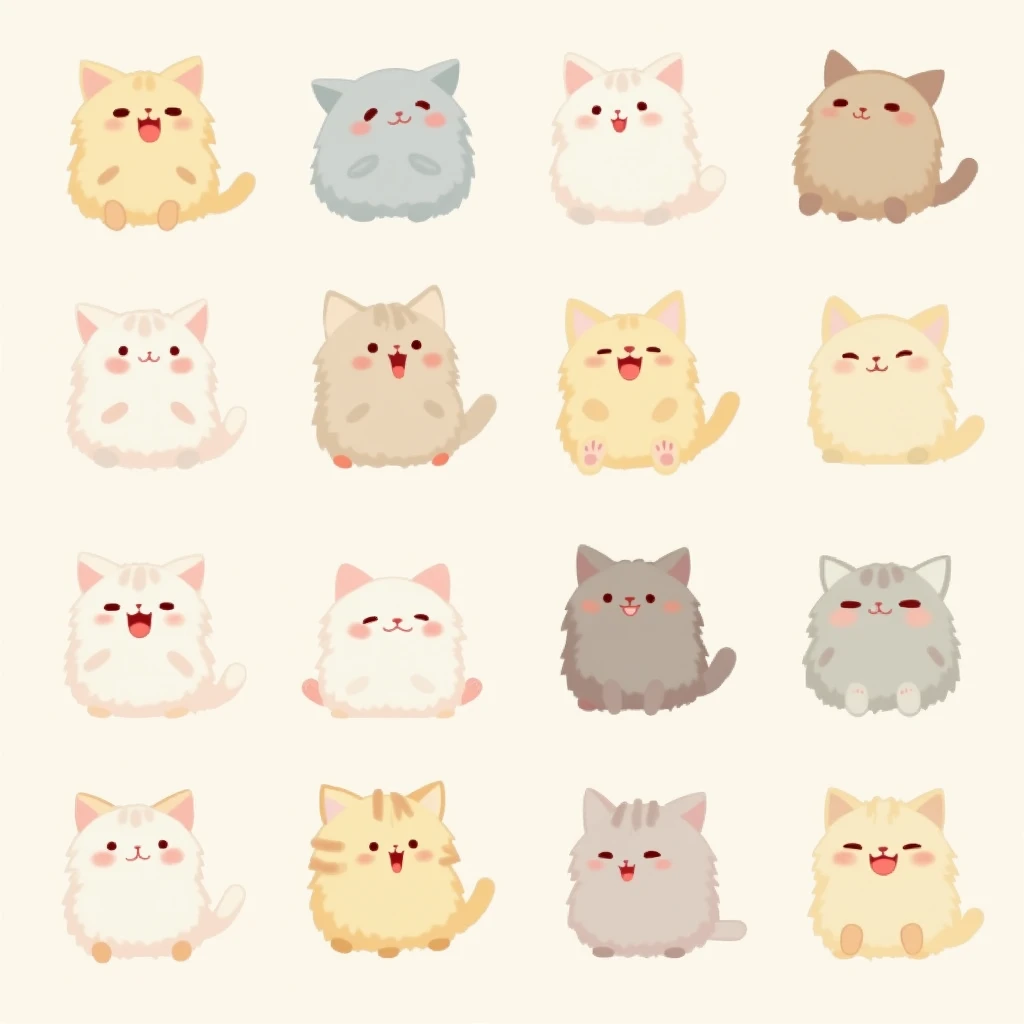Create a 9x9 grid of sprites, Make sure, that it is even. We will use these sprites to create gif animation.. This should be a cute cat sprite, the cat yawns very fluffy, the front paws are slightly visible. Only all the cats are different colors and different levels of fluffiness. Each sprite must be different from the previous one.