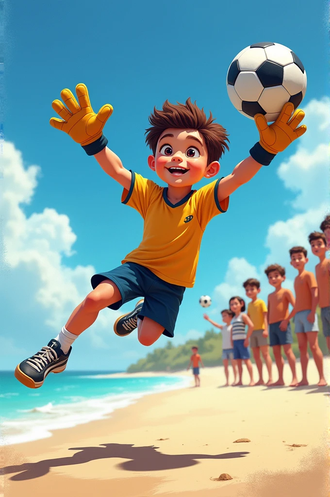 "A kid playing as a goalkeeper jumps to the left and catches the ball on the sand with their 10 and friends."