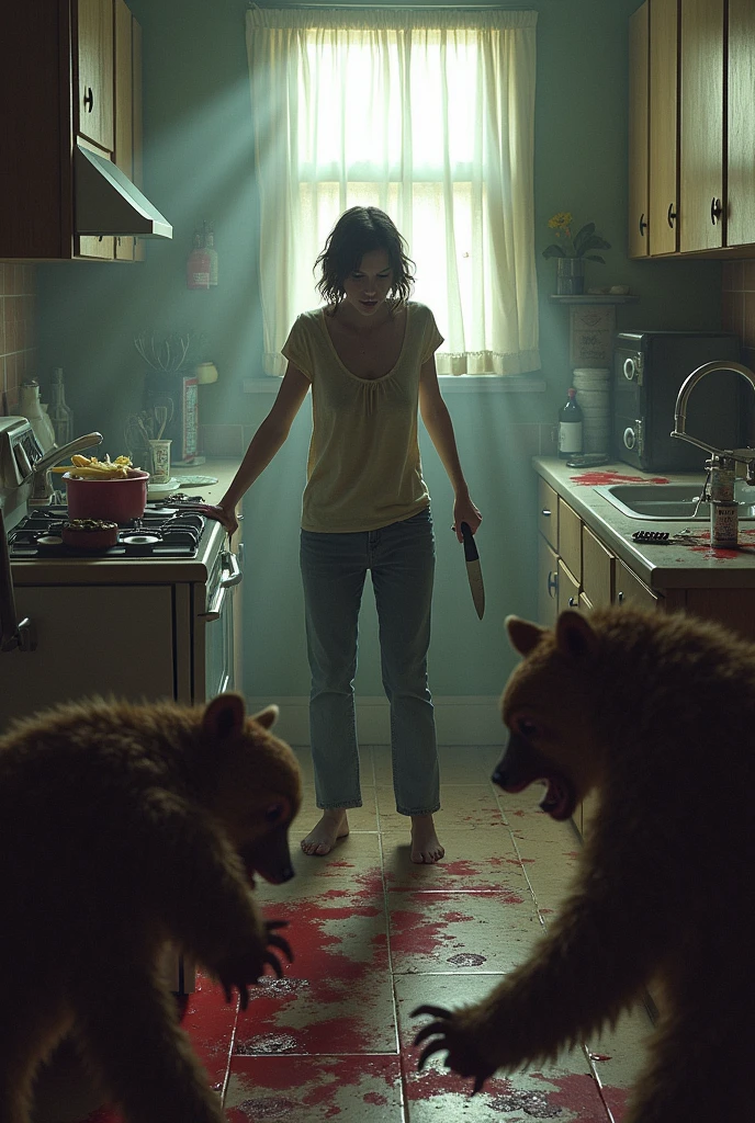 inside a kitchen picking up knives to kill zombie bears