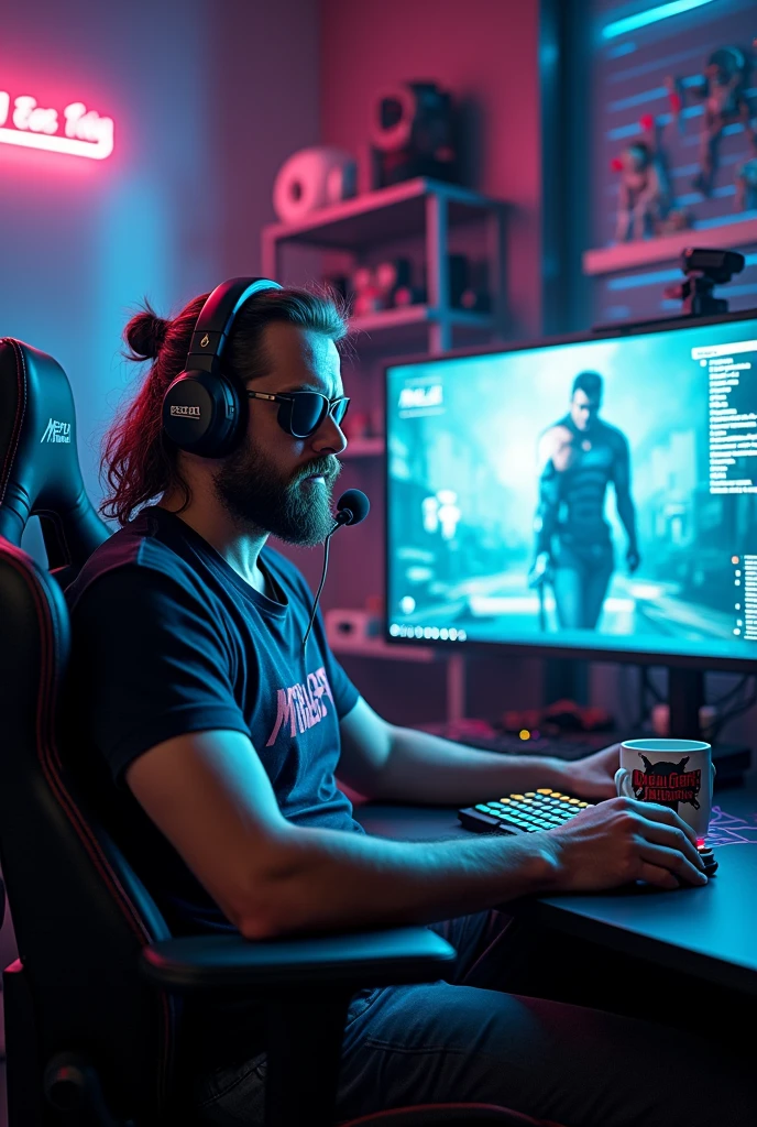 Main Scene:
Big Boss is sitting in a modern streaming environment. Instead of his typical military appearance, Wear casual and comfortable clothes, as a t-shirt with a design related to Metal Gear Solid, some comfortable pants and some gaming headphones. The scene should reflect the atmosphere of a streaming room with neon lighting and themed decor..
Environment and background:
The background of the room is decorated with Metal Gear Solid posters and merchandise.. There is a shelf with action figures, and a large screen displays the interface of the Metal Gear Solid video game. On Big Boss's desk there are a number of gadgets typical of a streamer, like a webcam, a high-quality microphone and an illuminated keyboard.
Big Boss:
Big Boss is in a relaxed pose, sitting in an ergonomic gaming chair. He wears a t-shirt with the Metal Gear Solid logo and gaming headphones with a microphone.. His iconic right eye patch and signature beard are present, but with a more modern and casual touch.
Screen and Game:
The main screen shows the game Metal Gear Solid, con Big Boss (the character of the game) on a mission or in an exciting scene. The video game interface on the screen must be clearly visible., with typical HUD elements of the game.
with the Public:
At the bottom of the image, There is a chat window where you can see messages from fans cheering for Big Boss and asking questions.. The messages are in bright colors, giving the feeling of real-time interactional Details:
Add details like LED lights to the environment, a coffee mug with a Metal Gear Solid design on the desk, and some cables and streaming equipment scattered around to gin authentic feel.