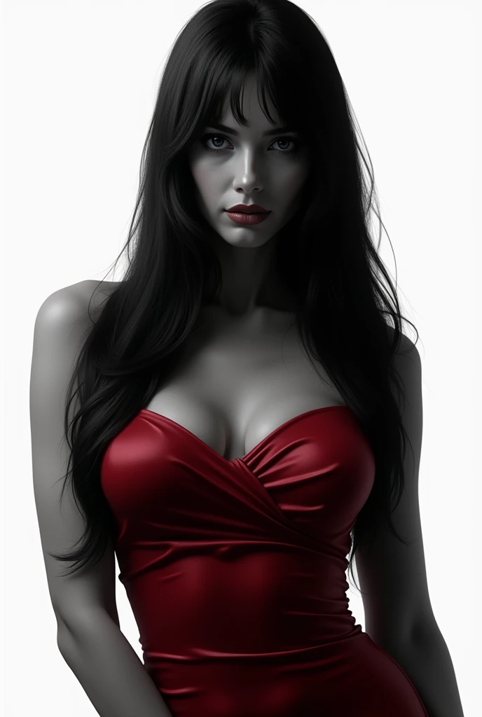 woman, long straight black hair, big bust, red dress, black and white silhouette image, looking at the camera, photorealistic