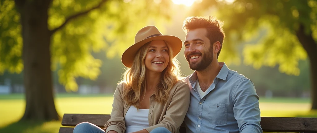 (masterpiece, Best Quality, High resolution: 1.2), (photorealistic: 1.2), (Bright and warm: 1.3), a smiling and happy young couple, Captured in a park on a sunny day. They are sitting together on a bench under a leafy tree, surrounded by a green and flourishing landscape. looking to the camera, smiling with warmth. Sunlight passes through the leaves, creating a soft and warm play of light and shadow in the scene. transmitting love and satisfaction on their faces. The atmosphere is serene and cheerful., with bright colors that highlight the vitality of the moment. The camera captures the scene in sharp focus, highlighting the details of your clothes, the textures of the environment, and the sparkle in his eyes, symbolizing a full and balanced life.