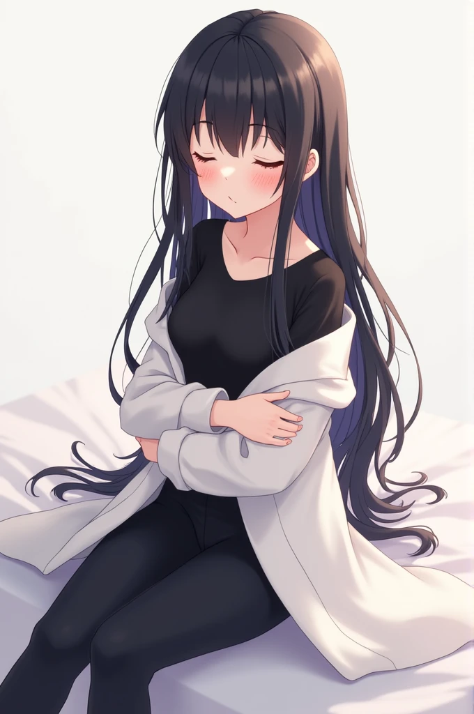 A sitting anime girl with black hair has a black shirt and black pants and has a white coat in her arms She has closed eyes smiling