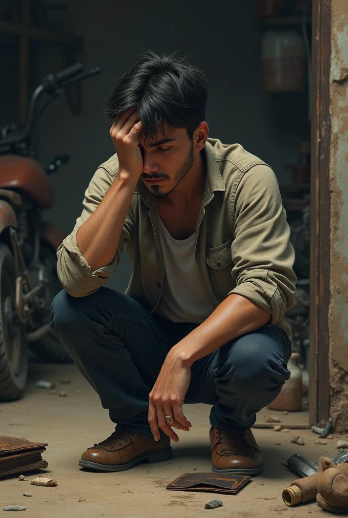 Young man crying, holding a wallet without money in his hand in front of a workshop, lamenting his broken motorcycle