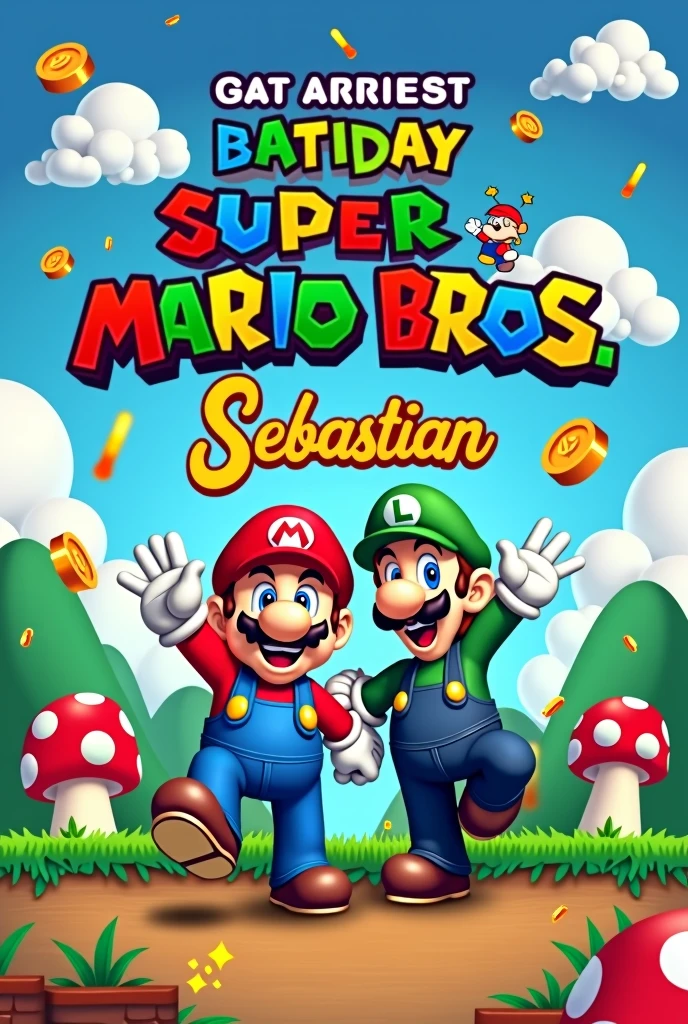 Mario Bros birthday invitation for Sebastian, August 31st at 3pm at Las Vegas Park