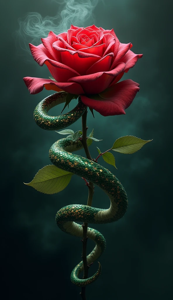 A rose like this "🥀" with a boa snake coiled around the flower and a dark background