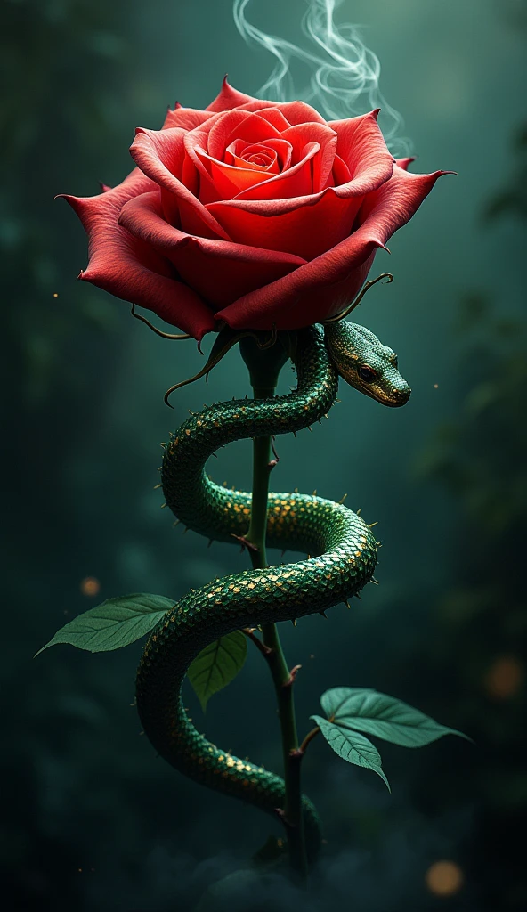 A rose like this "🥀" with a boa snake coiled around the flower and a dark background