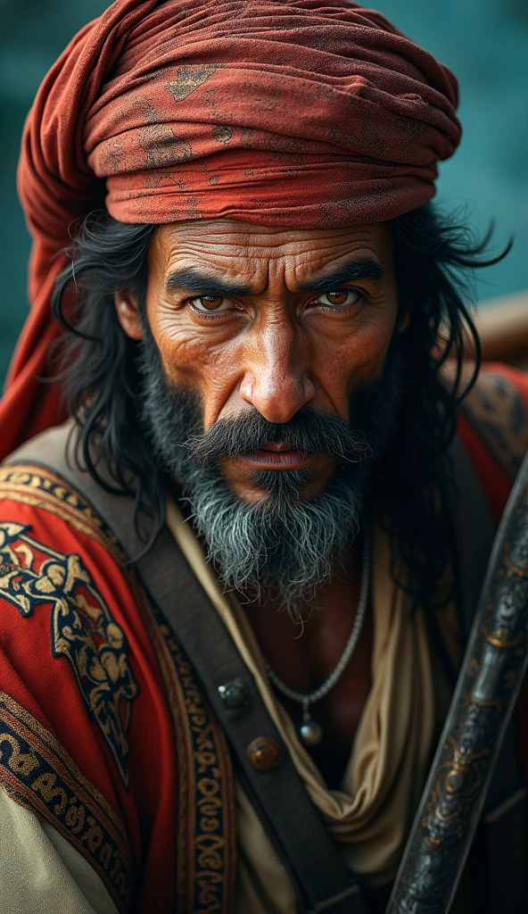 Create a highly detailed 4K portrait of a Barbary pirate from the Ottoman era. The pirate should have a fierce, weathered look with traditional North African attire, including a turban or fez, richly embroidered clothing, and ornate weapons like a scimitar. The background can include subtle hints of the sea or a ship deck, with atmospheric lighting that emphasizes the pirate's commanding presence and the historical context. Focus on the textures of the fabrics, the shine of the weapons, and the intensity in the pirate’s eyes