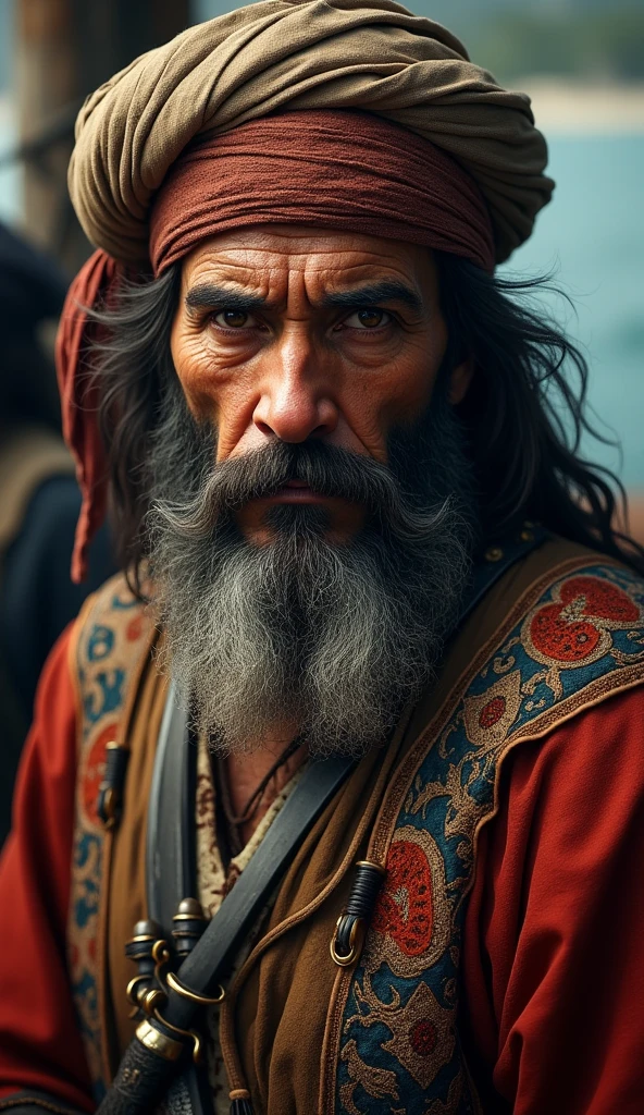 Create a highly detailed 4K portrait of a Barbary pirate from the Ottoman era. The pirate should have a fierce, weathered look with traditional North African attire, including a turban or fez, richly embroidered clothing, and ornate weapons like a scimitar. The background can include subtle hints of the sea or a ship deck, with atmospheric lighting that emphasizes the pirate's commanding presence and the historical context. Focus on the textures of the fabrics, the shine of the weapons, and the intensity in the pirate’s eyes