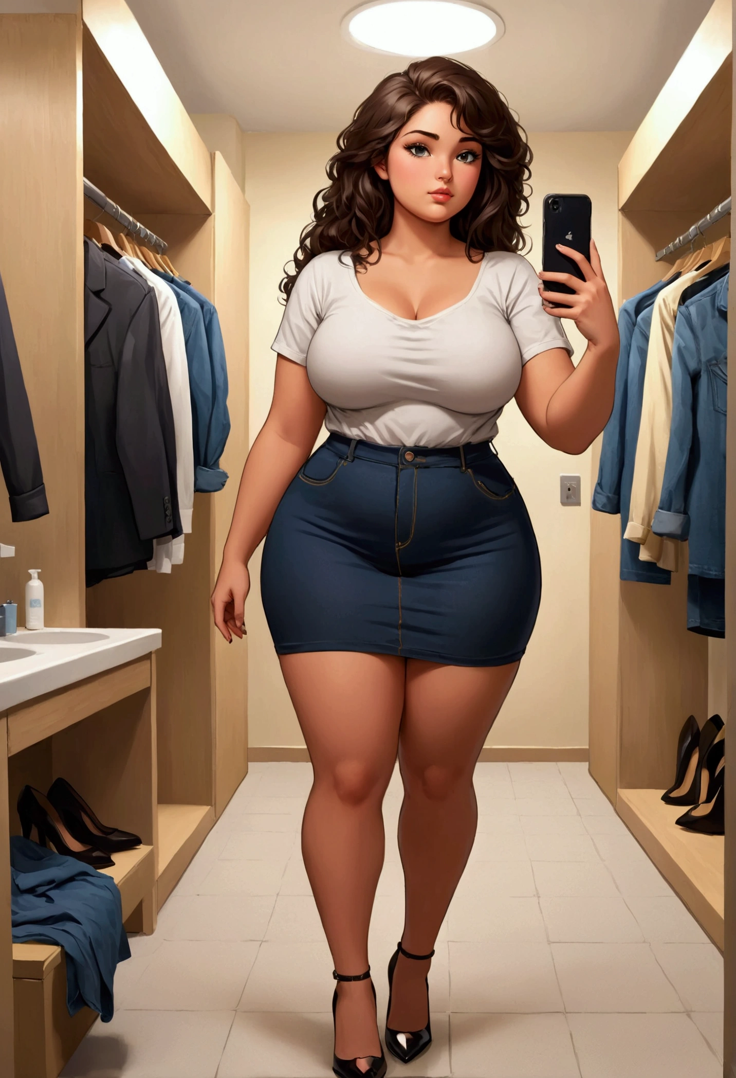 femme de 20 ans, Cheveux noirs ondulés , Méditerranéenne aux yeux marron, Des seins généreux et lourds , chubby, lèvres pulpeuses, naturellement courbé, cuisses musclées, aguicheuse , fitting room, chemisier et jean ,selfie, heels