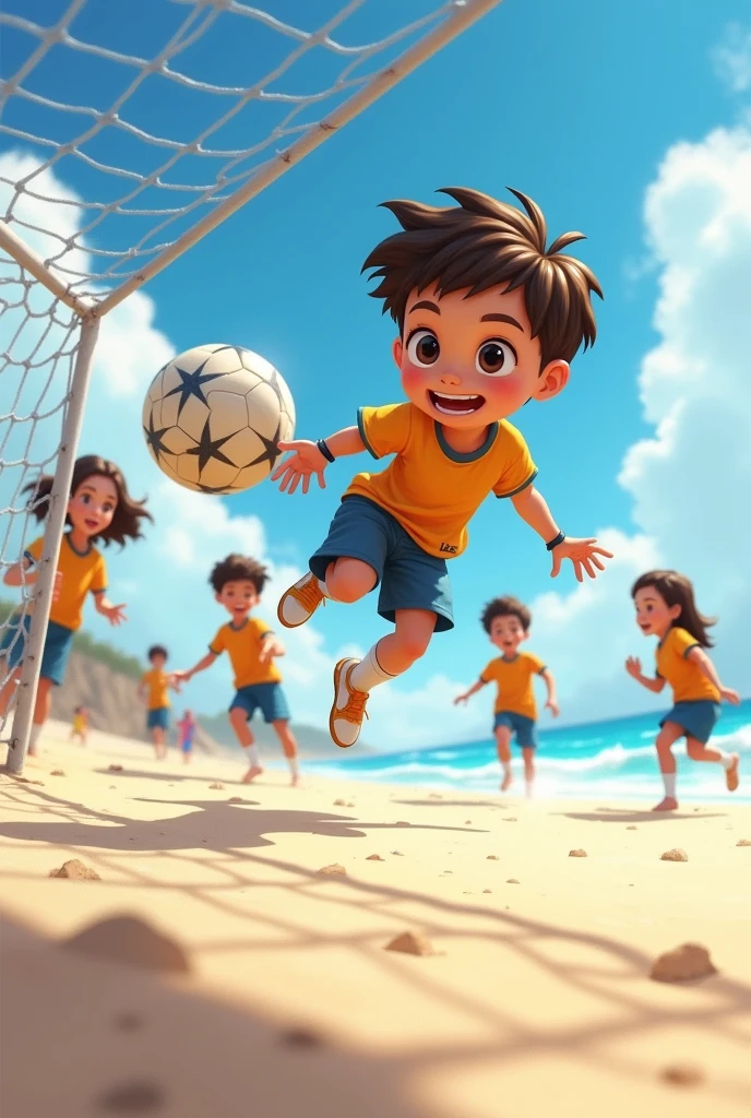 "A  kid playing as a goalkeeper jumps to the left and catches the ball on the sand with their 10 and  friends. (Realista)