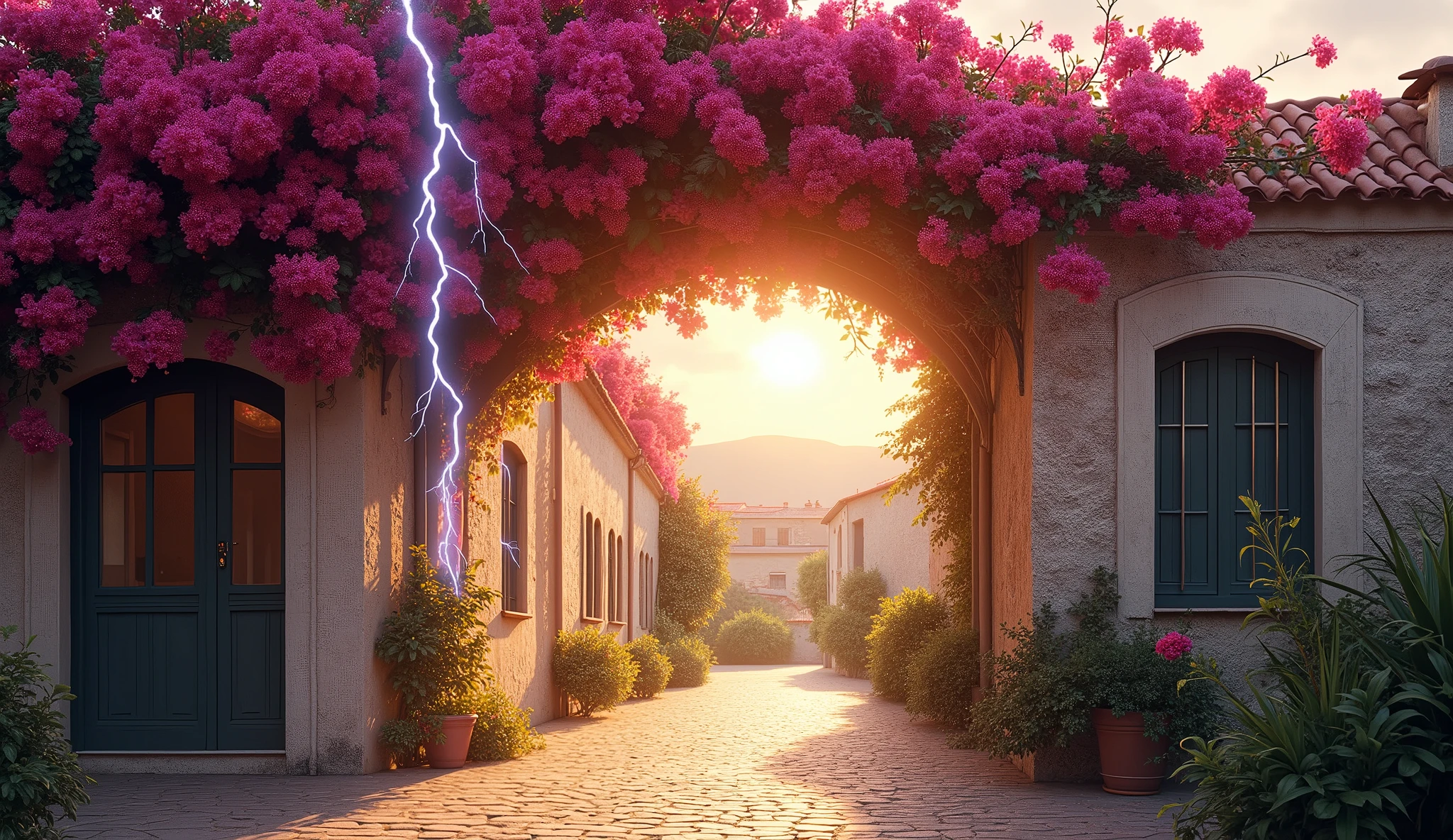 A Bougainvillea arch adorning the entrance to an alley in Provence. sun in the background. Lightning penetrating through the gaps in the bougainvillea. David Hamilton Style.