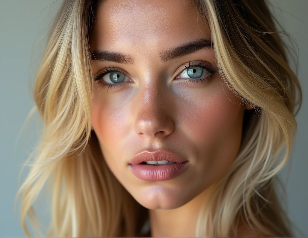 face Spanish blonde woman beautiful luscious lip and small nose. 4k Detail portrait photography. we need to see the whole face.