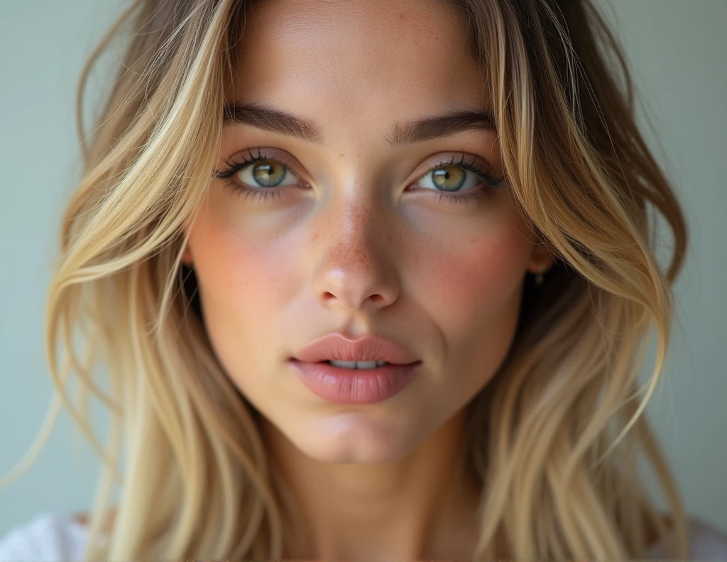 face Spanish blonde woman beautiful luscious lip and small nose. 4k Detail portrait photography. we need to see the whole face.