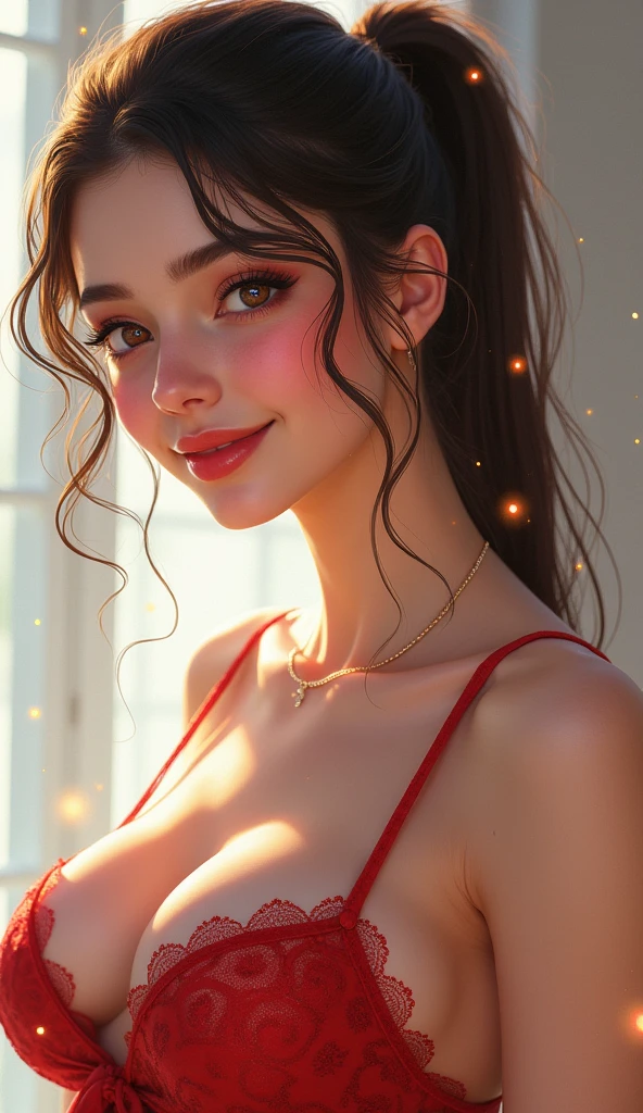 One girl, chest, smile, High resolution,ponytail, 大きなchest, Blushing, Open your mouth a little, tongue, tongueを出す, smiling, Sparkle Effect,