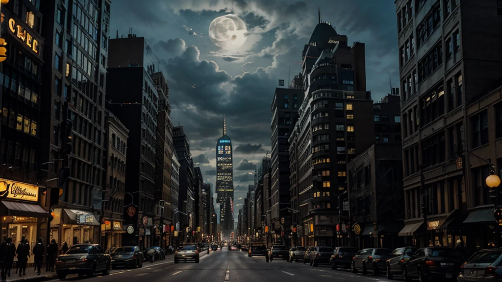 Gotham city street view. Looking up avenue, tall gothic buildings line the street, art deco buildings line the streets. NIGHT TIME, buildings lit up, traffic on the streets, full moon, clouds in the sky, smoke, Anton Furst design style, batman 1989
