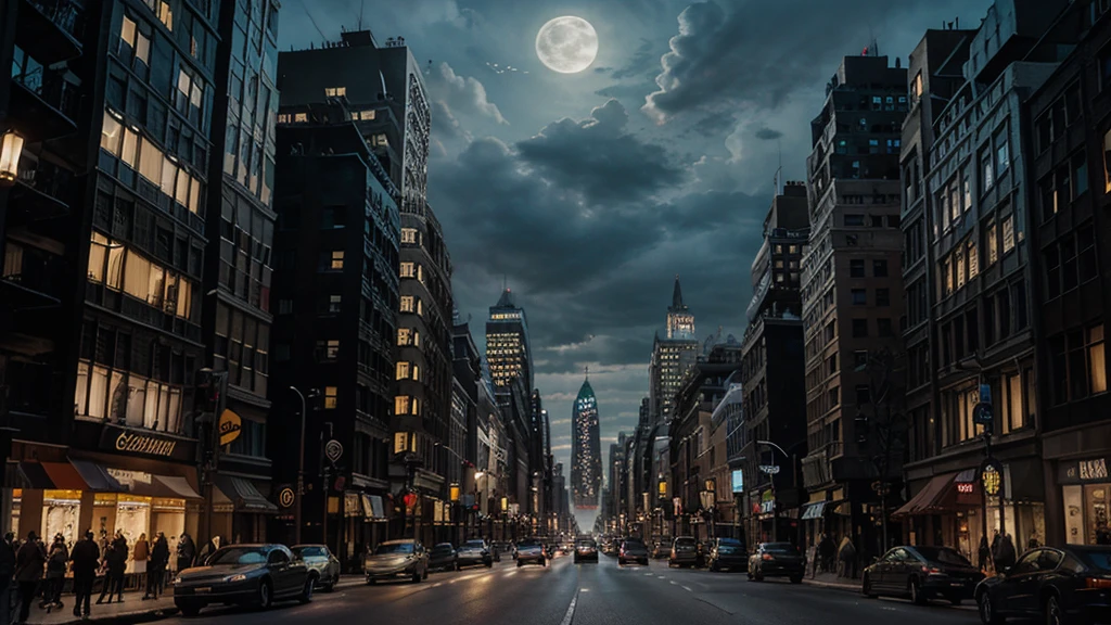 Gotham city street view. Looking up avenue, tall gothic buildings line the street, art deco buildings line the streets. NIGHT TIME, buildings lit up, traffic on the streets, full moon, clouds in the sky, smoke, Anton Furst  design style, batman 1989