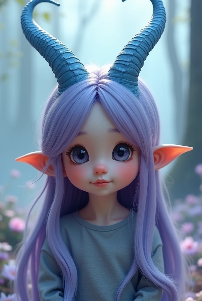 Make a boy with a kind of cute appearance with blue Chinese dragon horns and long, straight pearly purple hair 