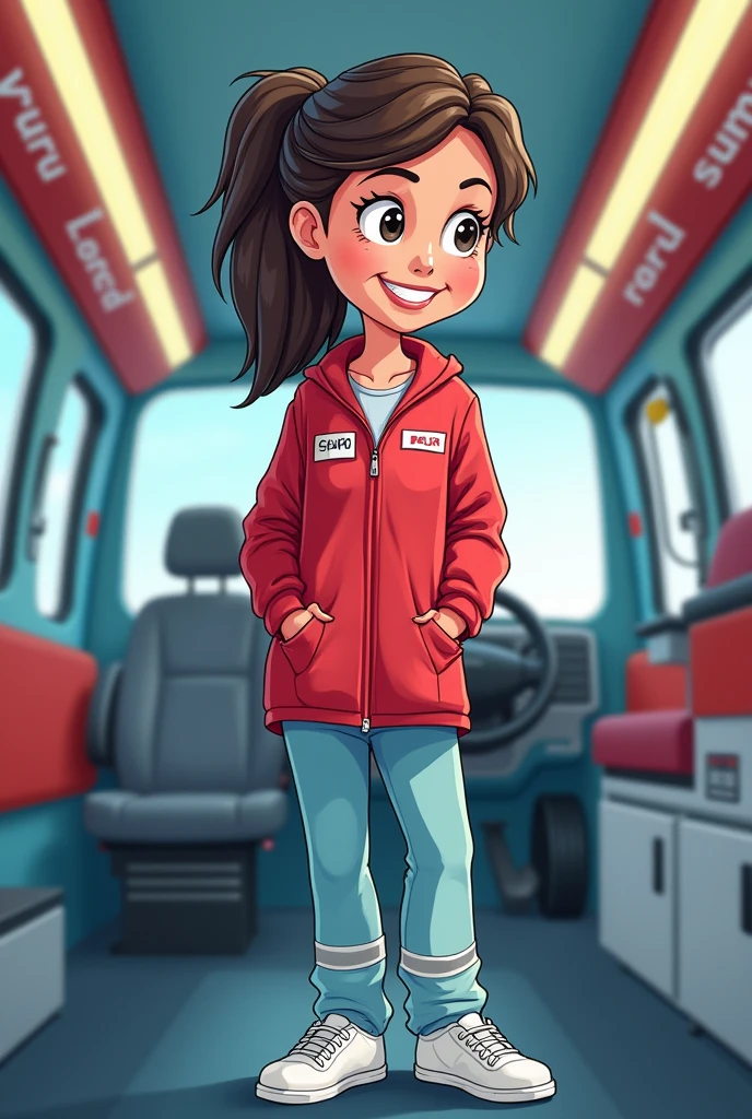 a cartoon image of a nurse in a pre-hospital care uniform consisting of a loose red jacket and light blue pants with reflective lines on the hem, in a Samu Peru ambulance, to print on a bottle