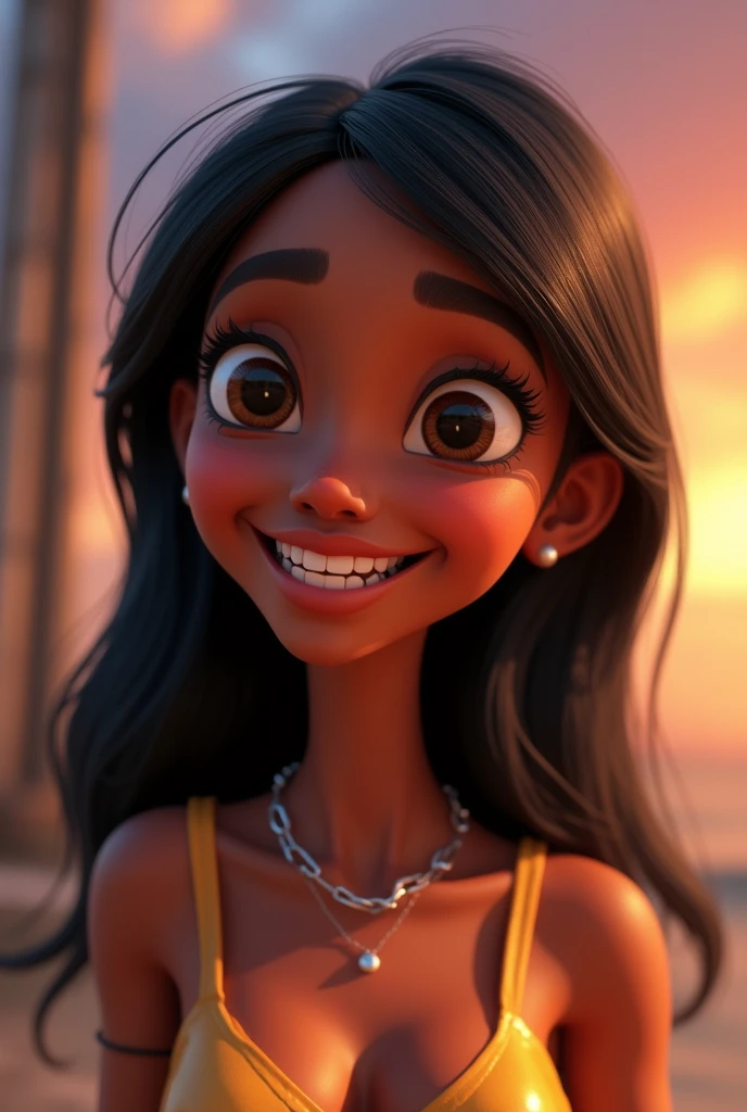 Imagem estilo pixar com personagem 3D,Black woman with medium straight hair , Disney makeup,fisherman, cute, smiling ,close up, pixar, Disney, Cinema lighting,big dark brown eyes, 