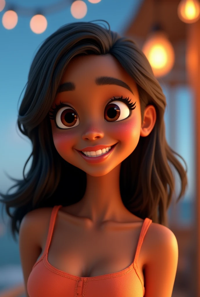 Imagem estilo pixar com personagem 3D,Black woman with medium straight hair , Disney makeup,fisherman, cute, smiling ,close up, pixar, Disney, Cinema lighting,big dark brown eyes,