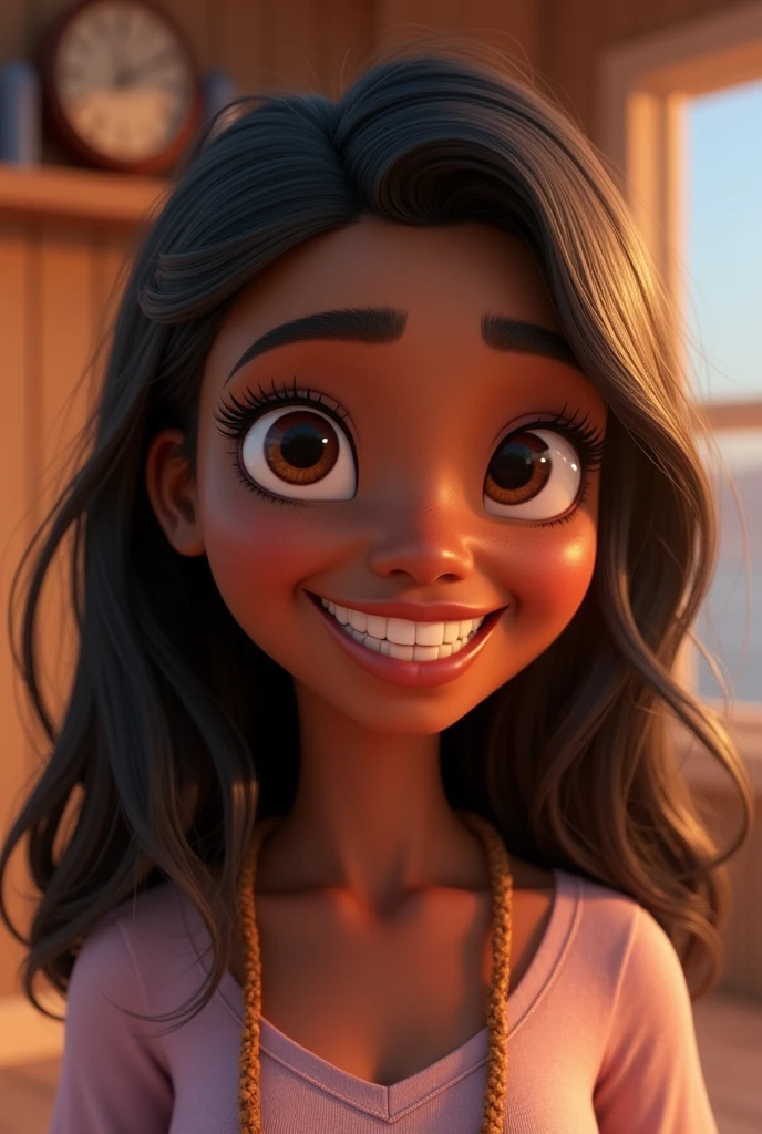 Imagem estilo pixar com personagem 3D,Black woman with medium straight hair , Disney makeup,fisherman, cute, smiling ,close up, pixar, Disney, Cinema lighting,big dark brown eyes, 