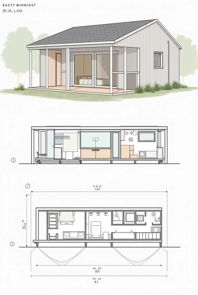 Plan of a 40m2 house with three small rooms