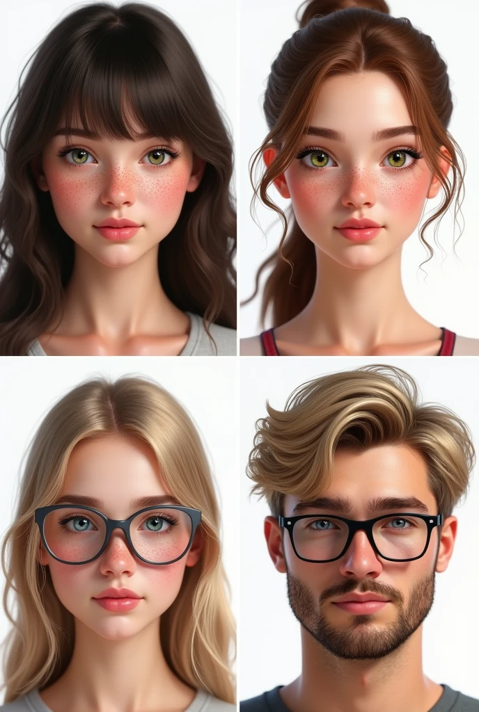 (photorealism:1.5)profile of a beautiful young woman with dark brown hair, curtain bangs hair, green eyes, and a lot of freckles. another profile of a young woman with brown hair, brown eyes and some freckles. another profile of a young pretty woman with straight light blond hair, blue eyes and glasses. The last profile is of a masculine man with short dark blond hair, blue eyes, glasses and a beard. faces are looking into the camera, small on a white background