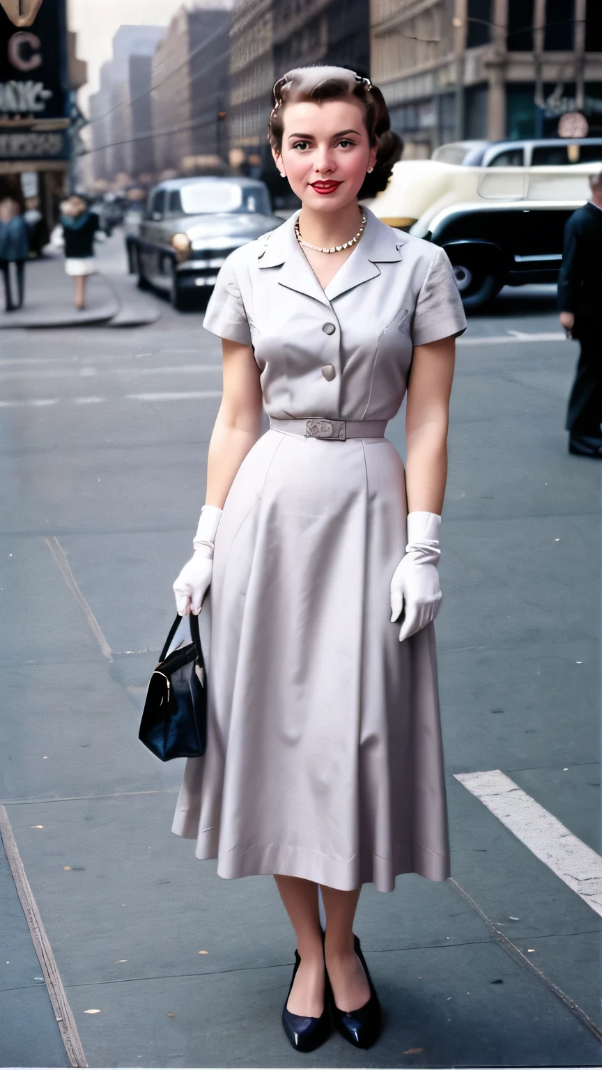 Realistic depiction of an adult woman, 1950s, standing on the street of New York at 3/4. Fashion of the time, color film, hyperrealistic, cinematic.