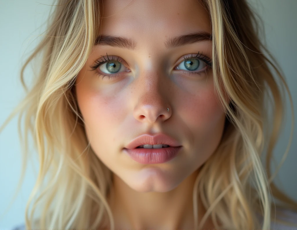 face little cute Spanish blonde woman beautiful luscious lip and small nose. 4k Detail portrait photography. we need to see the whole face.
