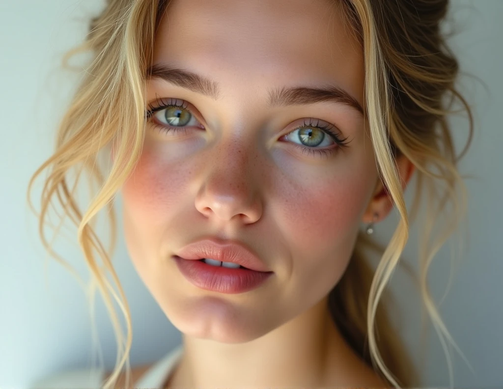 face little cute Spanish blonde woman beautiful luscious lip and small nose. 4k Detail portrait photography. we need to see the whole face.
