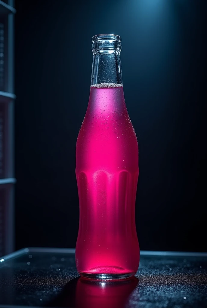 arafed bottle of PEPSI refrigerator with a pink liquid inside, dramatic product photography, commercial product photography, pbr render, hyper-realistic poison bottle, miniature product photo, product photography, product photography 4 k, hyper-realistic colorful photo, “hyper realistic, PEPSI, dramatic product photo, hyper-realistic detailed rendering, refrigerator, against a deep black background, 35mm Product Photo, brushed glass bottle, image on the horizon line, view from bottom to top"
