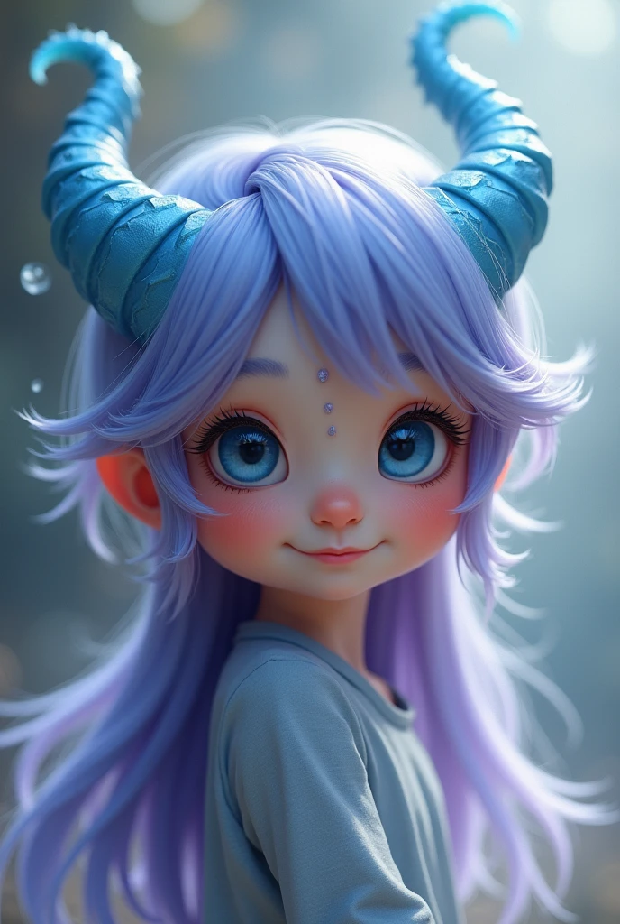 Make a boy with a kind of cute appearance with blue Chinese dragon horns and long, straight pearly purple hair