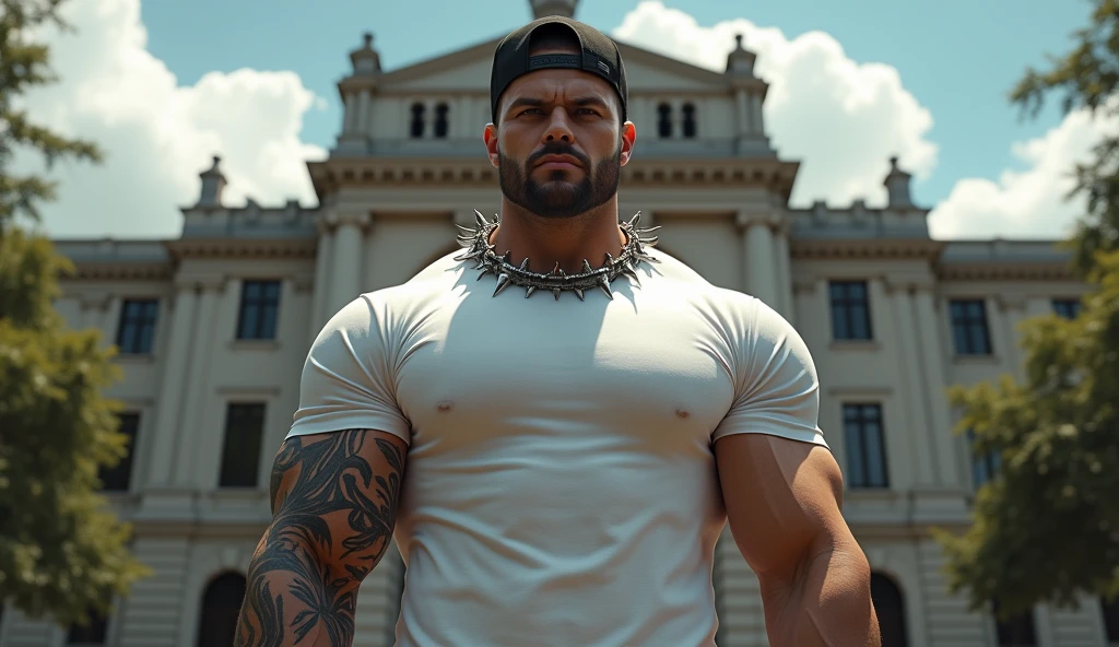 muscular man in black cap and white t-shirt, spike collar, academy, wicked look, tattoo on arm
