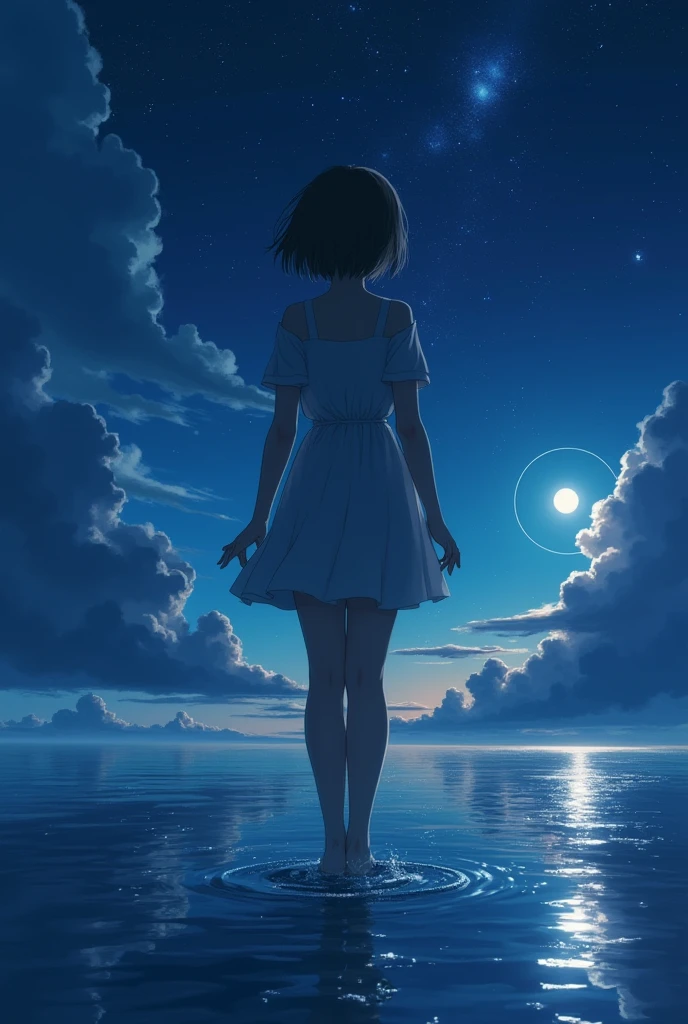 (close up:1.4)、(RAW photos:1.2)、(Reality:1.4)、(masterpiece:1.3)、(best quality:1.4)、Japanese Girls、(Night view:1.2)、Thin clothes、pretty girl、Put one foot in the sea、Stand on tiptoe、landscape、Between the horizon and the sea、Look sideways、Ripples spread from the toes、Stand about 20 meters away、on the sea、The whole scene is shining、illumination、