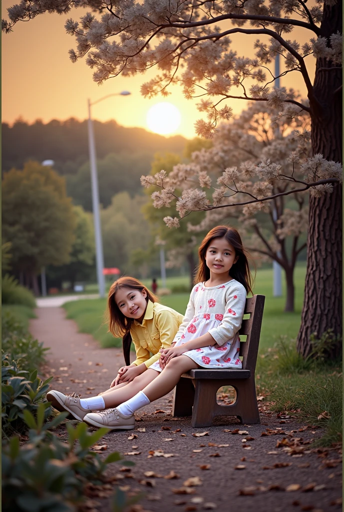 two  girls sitting on a bench in a park with a tree, a picture by Lilia Alvarado, shutterstock, art photography, children, two girls, children's, young girls, kid, c photograph, spring season, cute photo, foto, portrait picture, fotografia, inspiring, edited, cute girls, photo taken with nikon d750