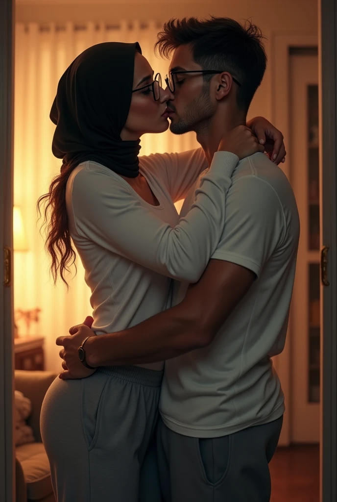 Black headscarf at home, white long sleeve t shirt, grey sweatpants, white socks, Sexy woman with glasses kissing a man