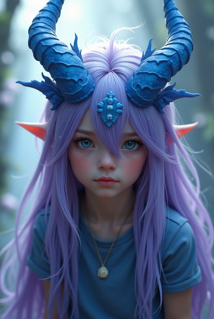 Make a boy with blue Chinese dragon horns and long, straight pearly purple hair 