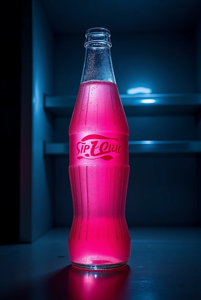 arafed bottle of PEPSI refrigerator with a pink liquid inside, dramatic product photography, commercial product photography, pbr render, hyper-realistic poison bottle, miniature product photo, product photography, product photography 4 k, hyper-realistic colorful photo, “hyper realistic, PEPSI, dramatic product photo, hyper-realistic detailed rendering, refrigerator, against a deep black background, 35mm Product Photo, brushed glass bottle, image on the horizon line, view from bottom to top"