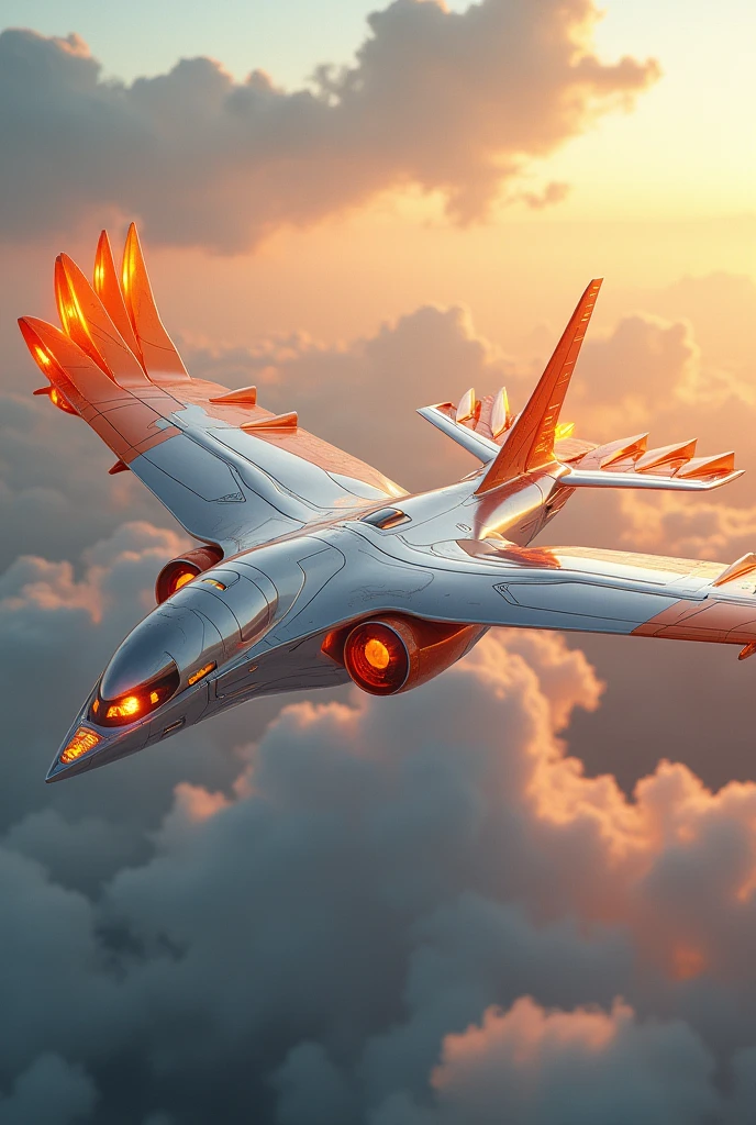 a phoenix airplane macha from white metal, soaring on the sky, metal reflection body, cinematic lighting, spreading the wings and gliding, gliding pose, glowing orange eyes, glowing steel orange wings, glowing steel orange tails, iron claw, bright color, morning glory cloud background, highly detailed, futurism, sci-fi theme