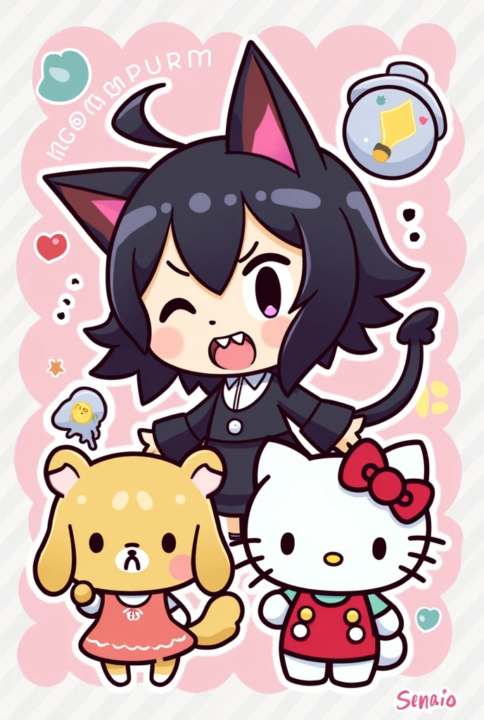 Create a picture with the Kuromi characters, Hello Kitty and Pompompurin in cartoon, with the original style