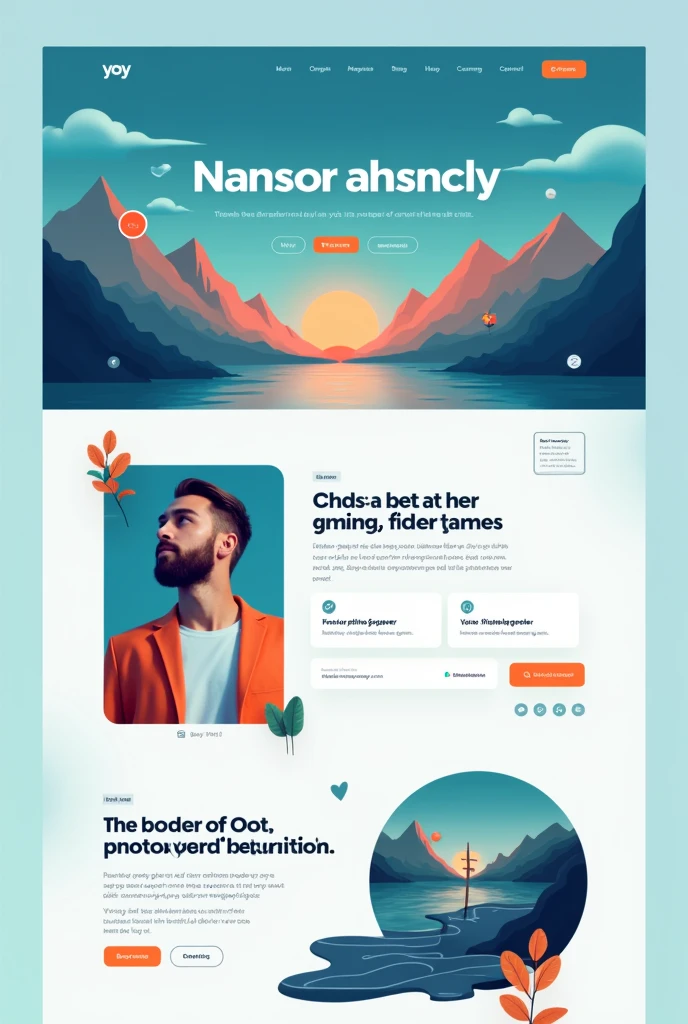 "A professional, organic homepage design for 'Yoy' with a celeste background (#4594CB). White text (#FFFFFF) is used for headings and content, with vibrant orange (#FF6F00) accents for buttons and key highlights. The background features stylized mountain shapes inspired by the Andes, with smooth, flowing lines. The design also incorporates the concept of 'V-Power' (Virtual Power), inspired by Formula 1 energy and early 90s Nintendo aesthetics. The layout is modern, clean, and prominently display